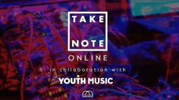 colourful DJ deck in background with Take Note and Youth Music logos 